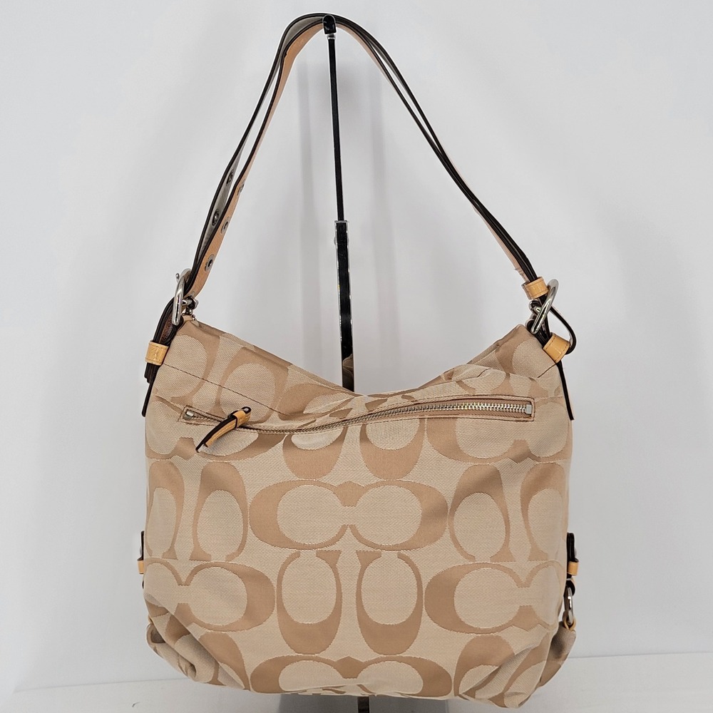 Coach Zoe Signature Jacquard Hobo Bag Tan Beige Yellow Patent Trim - Picture 9 of 16